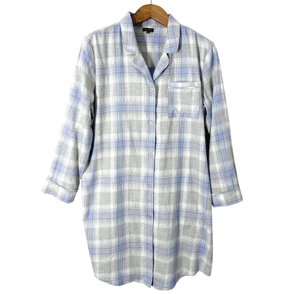 Talbots Cotton Long Sleeve Plaid Blue Grey Nightshirt Womens Size Large